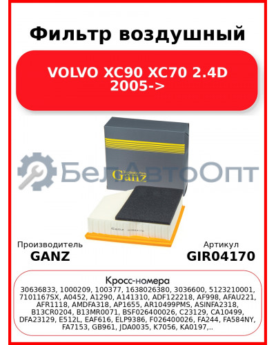 Фильтр воздушный VOLVO XC90 XC70 2.4D 2005-> GANZ GIR04170