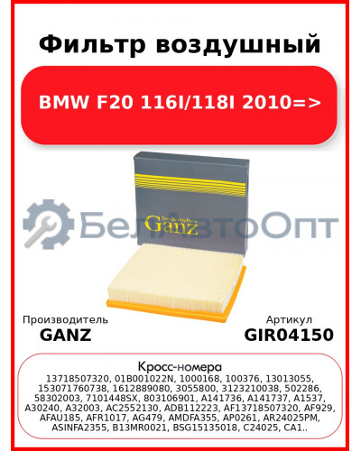 Фильтр воздушный BMW  F20 116I/118I 2010=> GANZ GIR04150