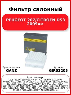 Фильтр салонный PEUGEOT 207/CITROEN DS3 2009=> GANZ GIR03205