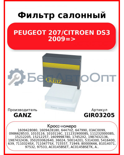 Фильтр салонный PEUGEOT 207/CITROEN DS3 2009=> GANZ GIR03205