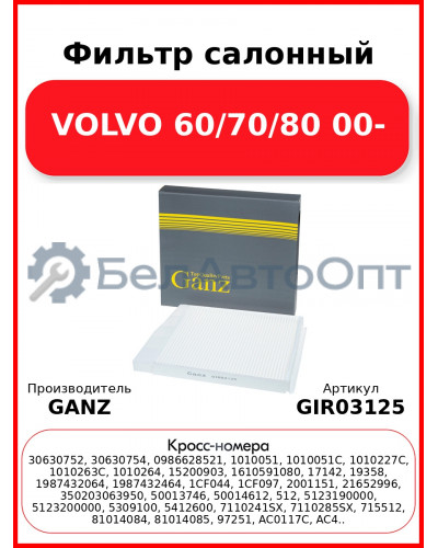 Фильтр салонный VOLVO 60/70/80 00- GANZ GIR03125