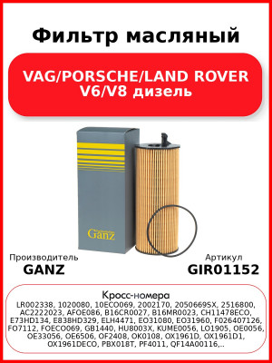 Фильтр масляный VAG/PORSCHE/LAND ROVER V6/V8 дизель GANZ GIR01152