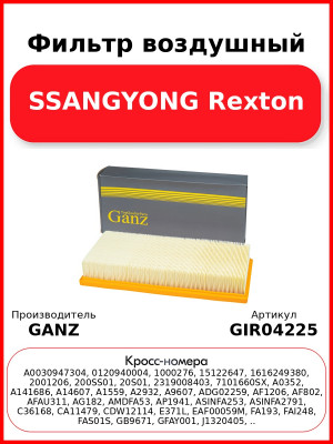Фильтр воздушный SSANGYONG Rexton GANZ GIR04225