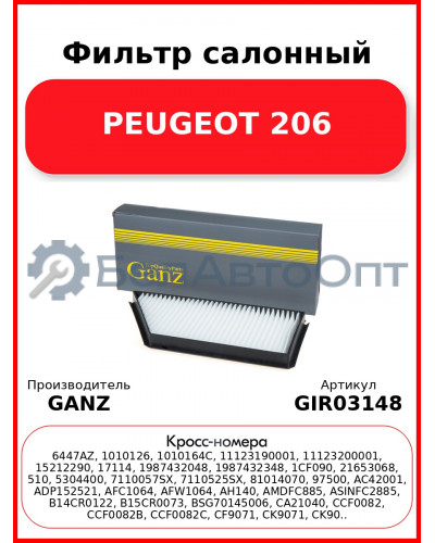 Фильтр салонный PEUGEOT 206 GANZ GIR03148