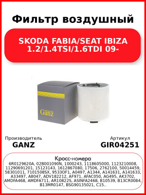 Фильтр воздушный SKODA FABIA/SEAT IBIZA 1.2/1.4TSI/1.6TDI 09- GANZ GIR04251