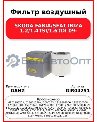 Фильтр воздушный SKODA FABIA/SEAT IBIZA 1.2/1.4TSI/1.6TDI 09- GANZ GIR04251