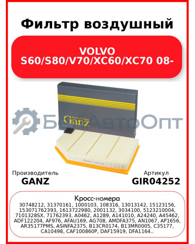 Фильтр воздушный VOLVO S60/S80/V70/XC60/XC70  08- GANZ GIR04252