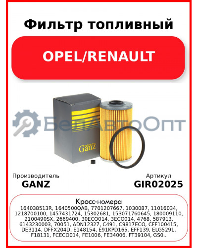 Фильтр топливный OPEL/RENAULT GANZ GIR02025