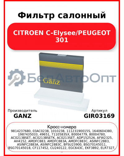 Фильтр салонный CITROEN C-Elysee/PEUGEOT 301 GANZ GIR03169