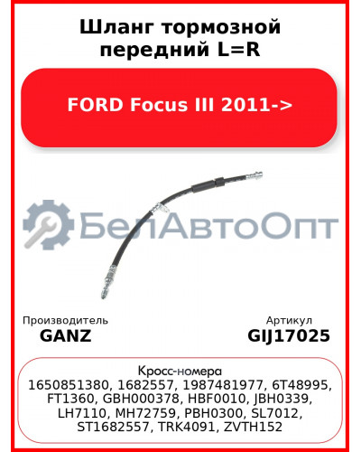 Шланг тормозной передний L=R FORD Focus III 2011-> GANZ GIJ17025