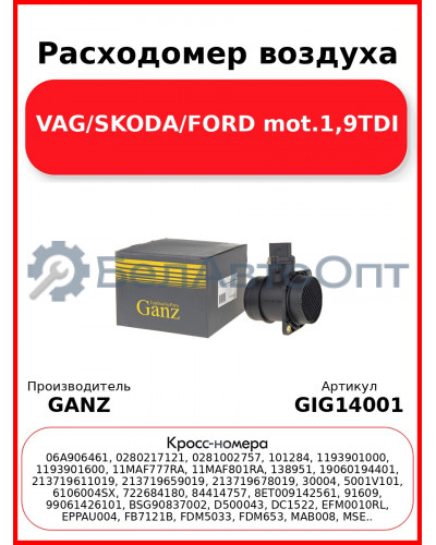 Расходомер воздуха VAG/SKODA/FORD mot.1,9TDI GANZ GIG14001