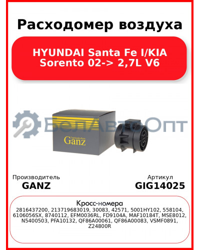 Расходомер воздуха HYUNDAI Santa Fe I/KIA Sorento 02-> 2,7L V6 GANZ GIG14025