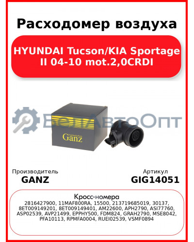 Расходомер воздуха HYUNDAI Tucson/KIA Sportage II 04-10 mot.2,0CRDI GANZ GIG14051