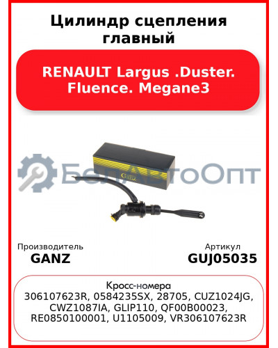 Цилиндр сцепления главный RENAULT Largus .Duster. Fluence. Megane3 GANZ GUJ05035