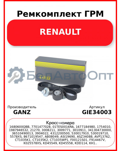 Ремкомплект ГРМ RENAULT GANZ GIE34003