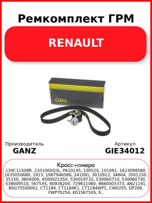 Ремкомплект ГРМ RENAULT GANZ GIE34012