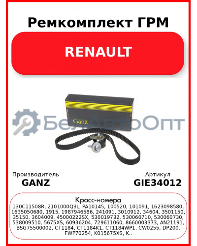 Ремкомплект ГРМ RENAULT GANZ GIE34012