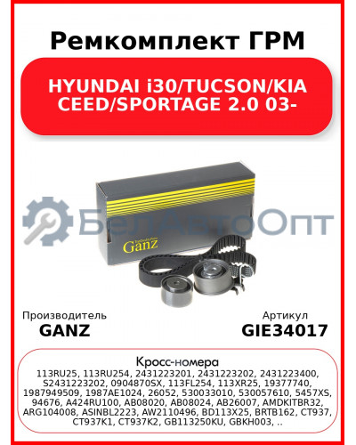 Ремкомплект ГРМ HYUNDAI i30/TUCSON/KIA CEED/SPORTAGE 2.0 03- GANZ GIE34017
