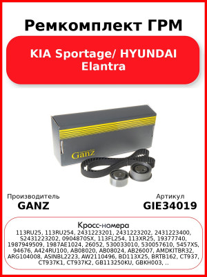 Ремкомплект ГРМ KIA Sportage/ HYUNDAI Elantra GANZ GIE34019