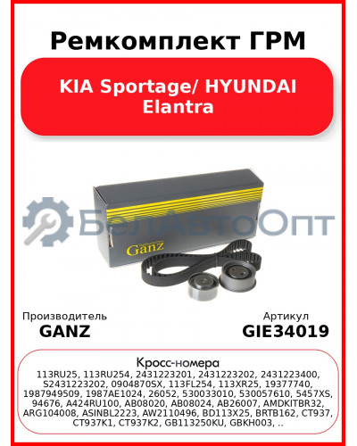 Ремкомплект ГРМ KIA Sportage/ HYUNDAI Elantra GANZ GIE34019
