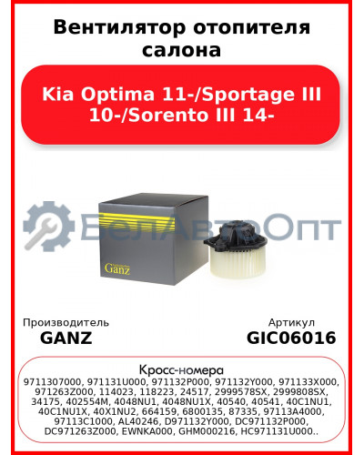 Вентилятор отопителя салона Kia Optima 11-/Sportage III 10-/Sorento III 14- GANZ GIC06016