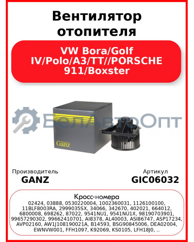 Вентилятор отопителя VW Bora/Golf IV/Polo/A3/TT//PORSCHE 911/Boxster GANZ GIC06032