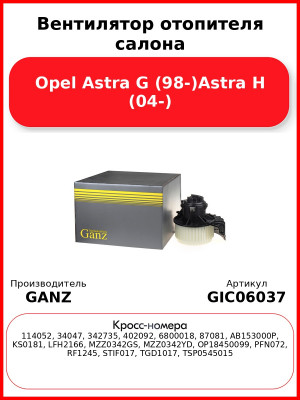 Вентилятор отопителя салона Opel Astra G (98-)Astra H (04-) GANZ GIC06037