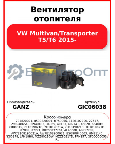 Вентилятор отопителя VW Multivan/Transporter T5/T6 2015- GANZ GIC06038