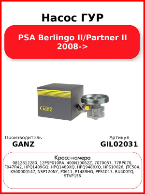 Насос ГУР PSA Berlingo II/Partner II 2008-> GANZ GIL02031