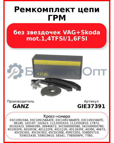 Ремкомплект цепи ГРМ без звездочек VAG+Skoda mot.1,4TFSI/1,6FSI GANZ GIE37391