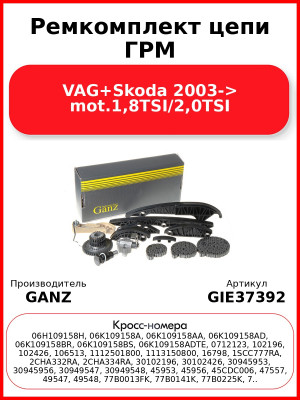 Ремкомплект цепи ГРМ VAG+Skoda 2003-> mot.1,8TSI/2,0TSI GANZ GIE37392