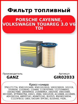 Фильтр топливный PORSCHE CAYENNE, VOLKSWAGEN TOUAREG  3.0 V6 TDI GANZ GIR02033
