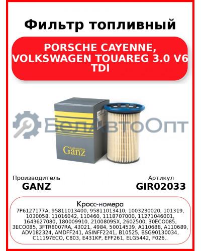Фильтр топливный PORSCHE CAYENNE, VOLKSWAGEN TOUAREG  3.0 V6 TDI GANZ GIR02033