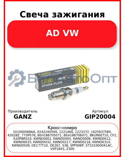 Свеча зажигания AD VW GANZ GIP20004