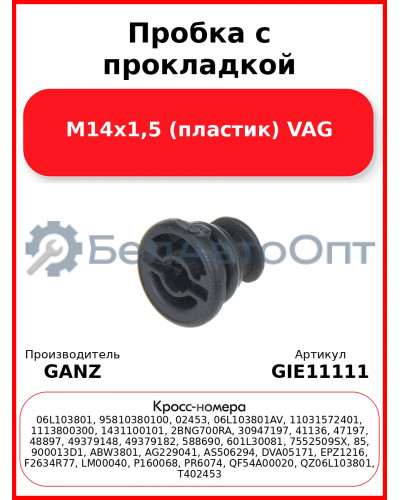 Пробка с прокладкой М14х1,5 (пластик) VAG GANZ GIE11111