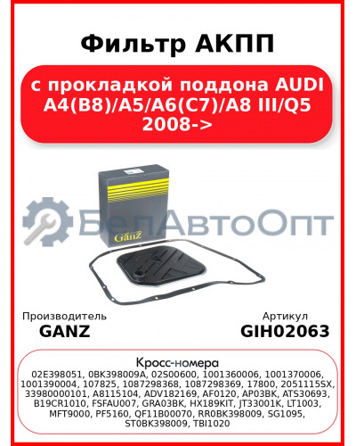 Фильтр АКПП с прокладкой поддона AUDI A4(B8)/A5/A6(C7)/A8 III/Q5 2008-> GANZ GIH02063