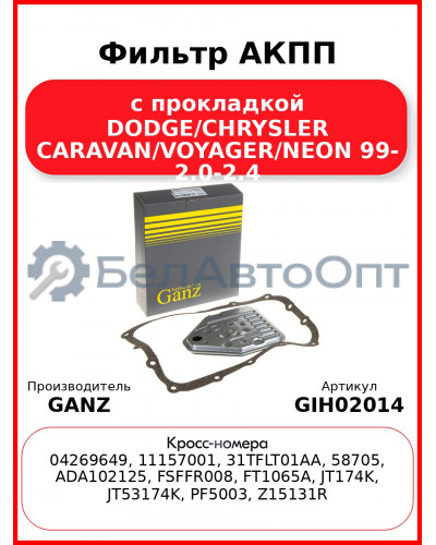 Фильтр АКПП с прокладкой DODGE/CHRYSLER CARAVAN/VOYAGER/NEON 99- 2.0-2.4 GANZ GIH02014