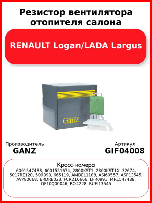 Резистор вентилятора отопителя салона RENAULT Logan/LADA Largus GANZ GIF04008