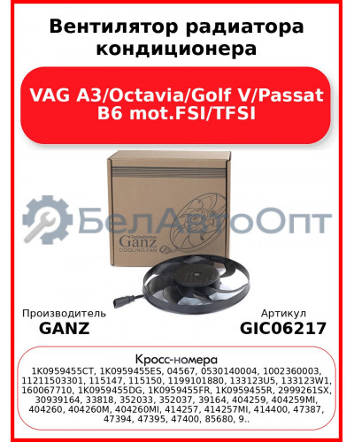 Вентилятор радиатора кондиционера VAG A3/Octavia/Golf V/Passat B6 mot.FSI/TFSI GANZ GIC06217