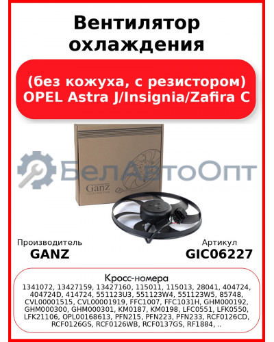 Вентилятор охлаждения (без кожуха, с резистором) OPEL Astra J/Insignia/Zafira C GANZ GIC06227