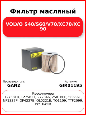 Фильтр масляный VOLVO S40/S60/V70/XC70/XC 90 GANZ GIR01195