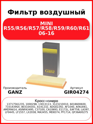 Фильтр воздушный MINI R55/R56/R57/R58/R59/R60/R61 06-16 GANZ GIR04274