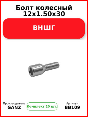 Болт колесный 12x1.50x30 ВНШГ  GANZ BB109 (Комплект 20 шт