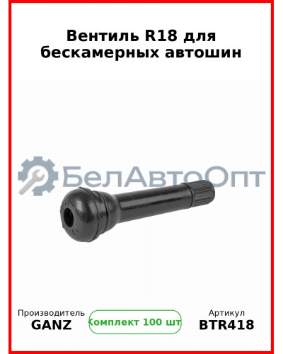 Вентиль R18 для бескамерных автошин  GANZ BTR418 (Комплект 100 шт