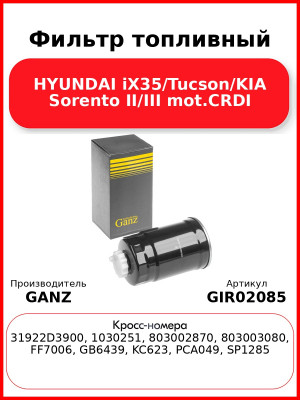 Фильтр топливный HYUNDAI iX35/Tucson/KIA Sorento II/III mot.CRDI GANZ GIR02085