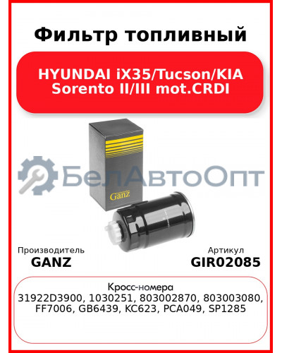 Фильтр топливный HYUNDAI iX35/Tucson/KIA Sorento II/III mot.CRDI GANZ GIR02085
