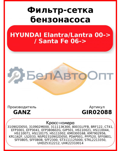 Фильтр-сетка бензонасоса HYUNDAI Elantra/Lantra 00-> / Santa Fe 06-> GANZ GIR02088