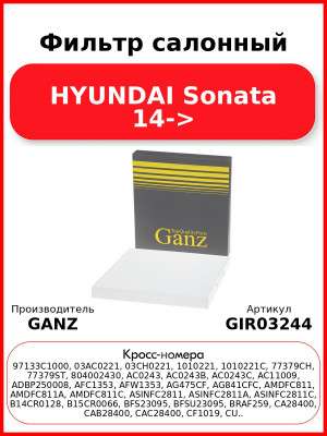 Фильтр салонный HYUNDAI Sonata 14-> GANZ GIR03244