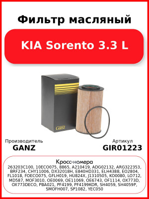 Фильтр масляный KIA Sorento 3.3 L GANZ GIR01223