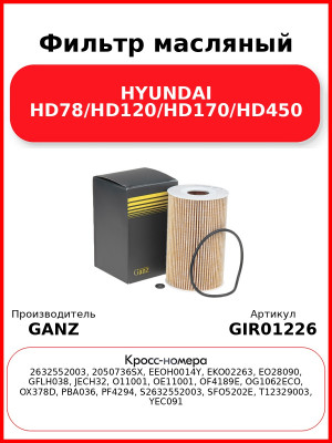 Фильтр масляный HYUNDAI HD78/HD120/HD170/HD450 GANZ GIR01226